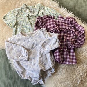 H&M 18m baby girl lot flannel shirt, cotton romper, button up short sleeve shirt